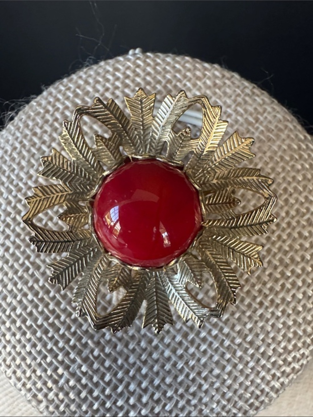 VTG Mid-Century Gold-Tone Starburst Brooch Red Cabochon Sunburst 1960s